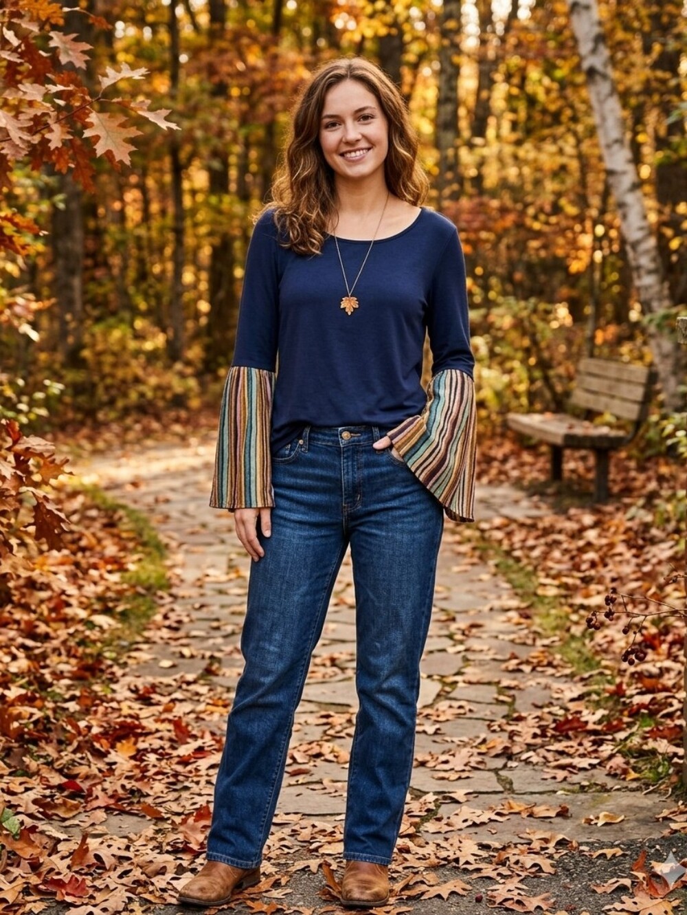 Navy Scoop Neck Knit Shirt With Striped Bell Sleeves